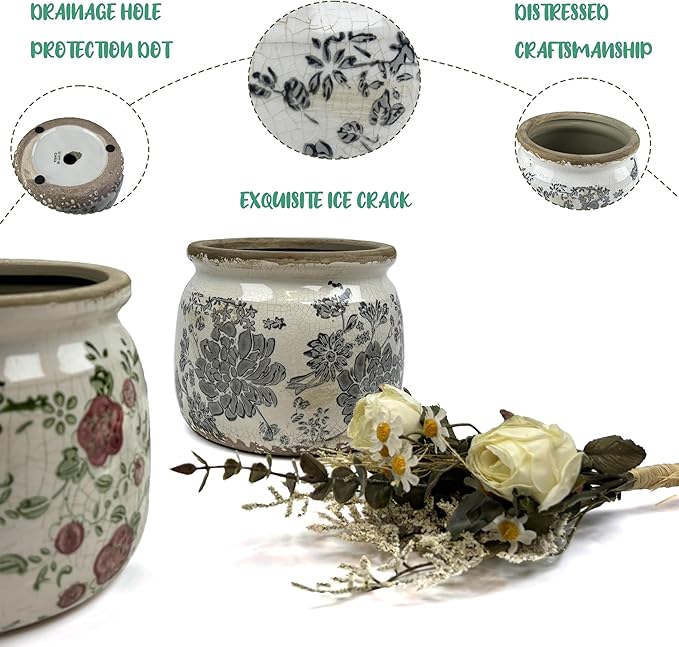 Vintage Grey Ceramic Ice Crack Flower Pot with Drainage Holes, Country Rustic Planters for Indoor and Outdoor,Tuscan Decor,Home,Living Room, Garden Decor, Gardening Gift