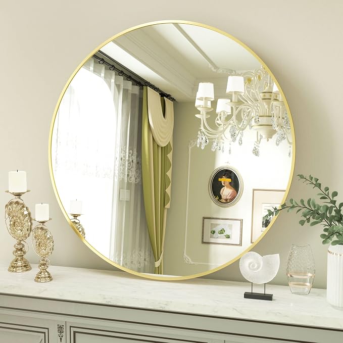 VooBang Round Mirror 23.6" Gold Wall Mounted Circle Mirrors Vanity Mirror by VooBang