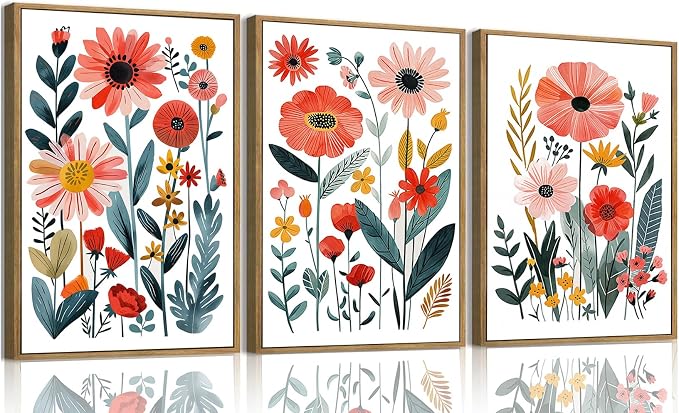 KISSFOX Framed Colorful Wildflower Canvas Wall Art Set Of 3 Flowers Pictures by KISSFOX