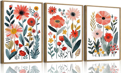 KISSFOX Framed Colorful Wildflower Canvas Wall Art Set Of 3 Flowers Pictures by KISSFOX