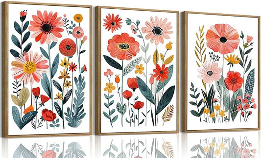 KISSFOX Framed Colorful Wildflower Canvas Wall Art Set Of 3 Flowers Pictures by KISSFOX
