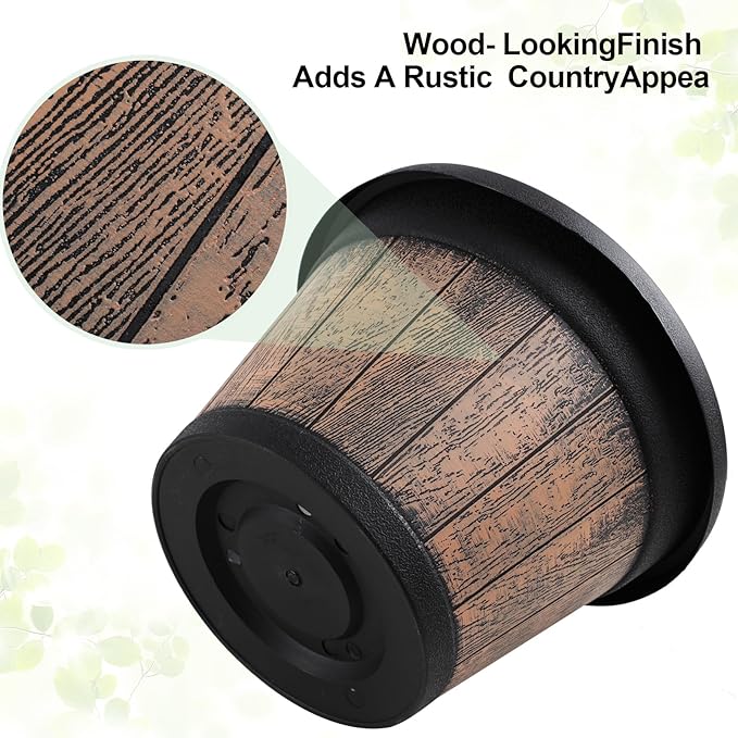 Quarut Large Plastic Plant Pots Set of 4 Pack13 inch,Whiskey Barrel Planters with Drainage Holes & Saucer.Flower Pots Imitation Wine Barrel Design for Indoor & Outdoor Garden Balcony Plants (Brown)