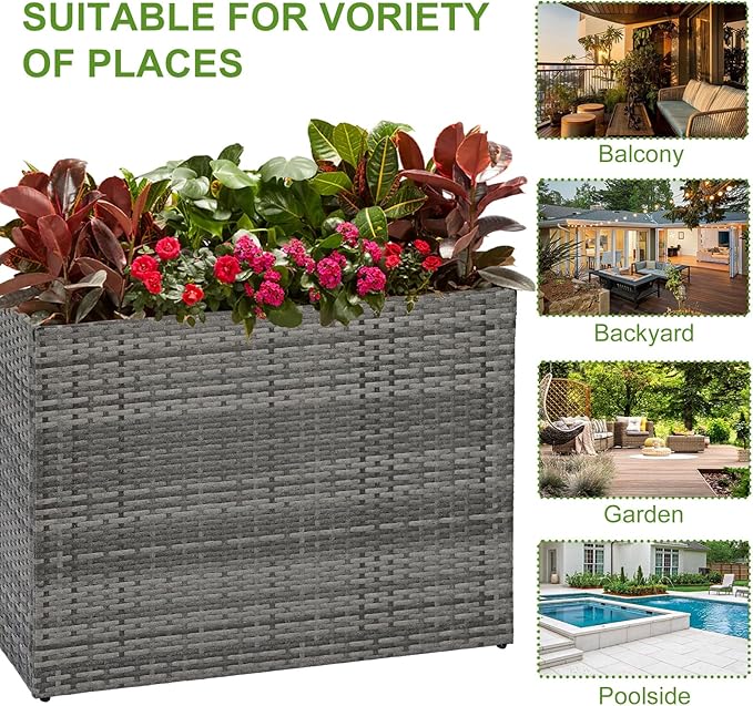 LEWIS&WAYNE Large Rectangular Block Planter Box Handmade Wicker Tall Planters for Outdoor Plants with Removable Liners Modern Planter for Indoor Outdoor Patio Deck - Gray, 38''x11''x30''