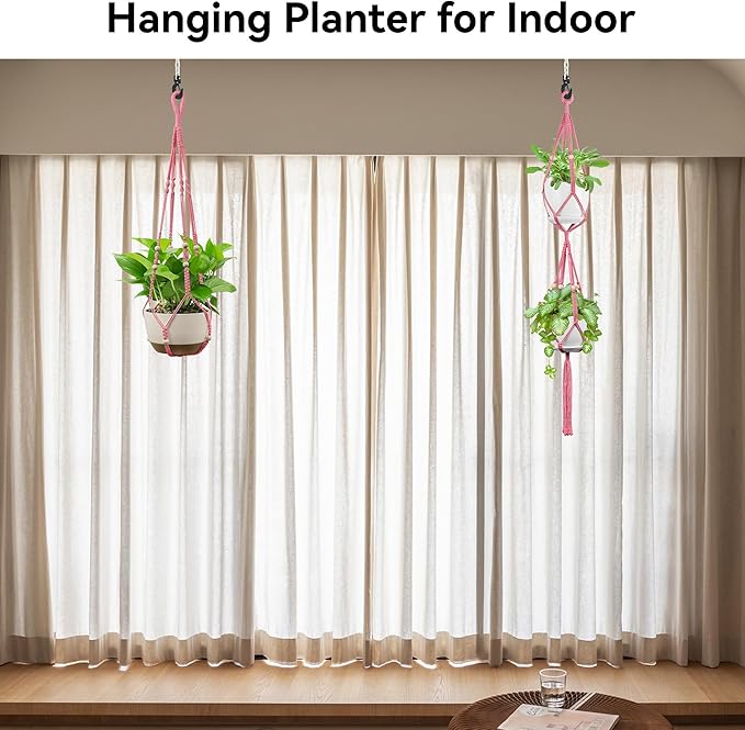 USLAI Macrame Plant Hanger Indoor Outdoor, Up to 4-15 inch Pot, Heavy 20lb Planters, Extra Long Strong Hanging Planter Basket Holder, Boho Home Decor, 35+49 Inch, Pink (POTS NOT Included)
