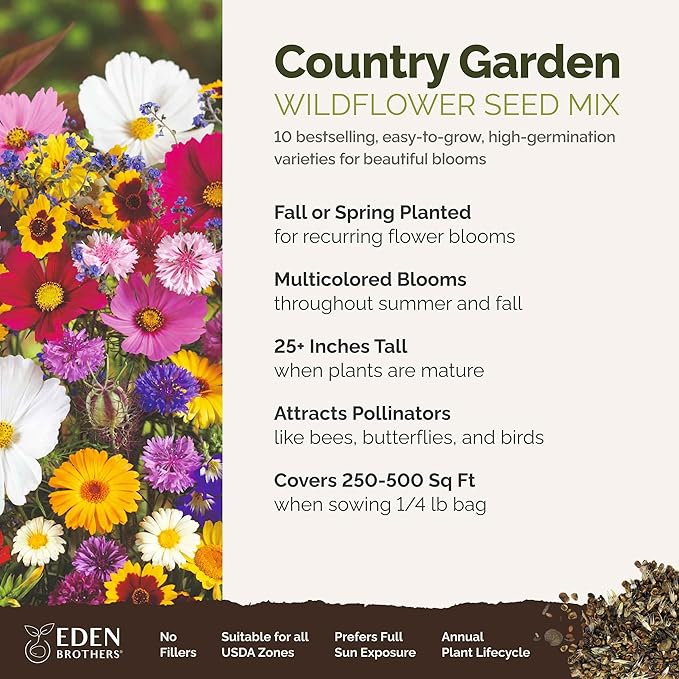 Eden Brothers Country Garden Flower Mixed Seeds for Planting, 1/4 lb, 120,000+ Seeds with Scarlet Flax, Cosmos Sensation | Attracts Pollinators, Plant in Spring or Fall, Zones 3, 4, 5, 6, 7, 8, 9, 10