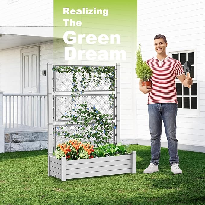 Elevated Raised Garden Bed,Outdoor Large Resin Patio Planter Box Stand Divisible with Drain Plug,Water Monitor for Plants Vegetables Flowers Fruits(Ashen)