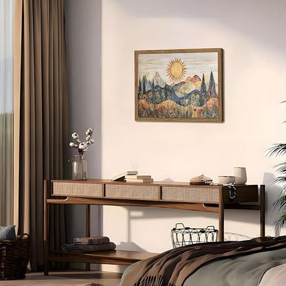 Framed Boho Sun Canvas Wall Art, Modern Abstract Mountain Landscape Painting - Image 2