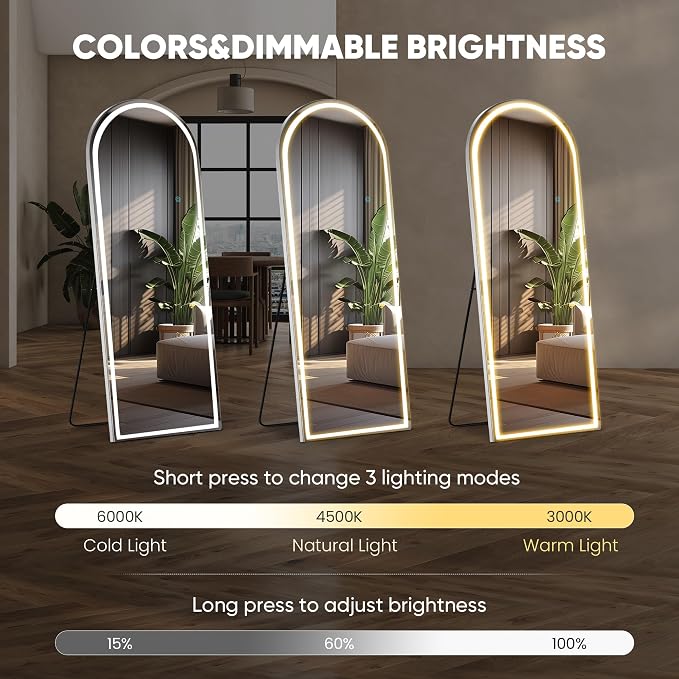 DUMOS Arched LED Full Length Floor Mirror, 3 Color Lighting, Hanging or Leaning - Image 3