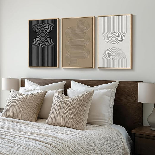 Framed Black and White Brown Abstract Wall Art, 3 Piece Boho Geometric Canvas - Image 2