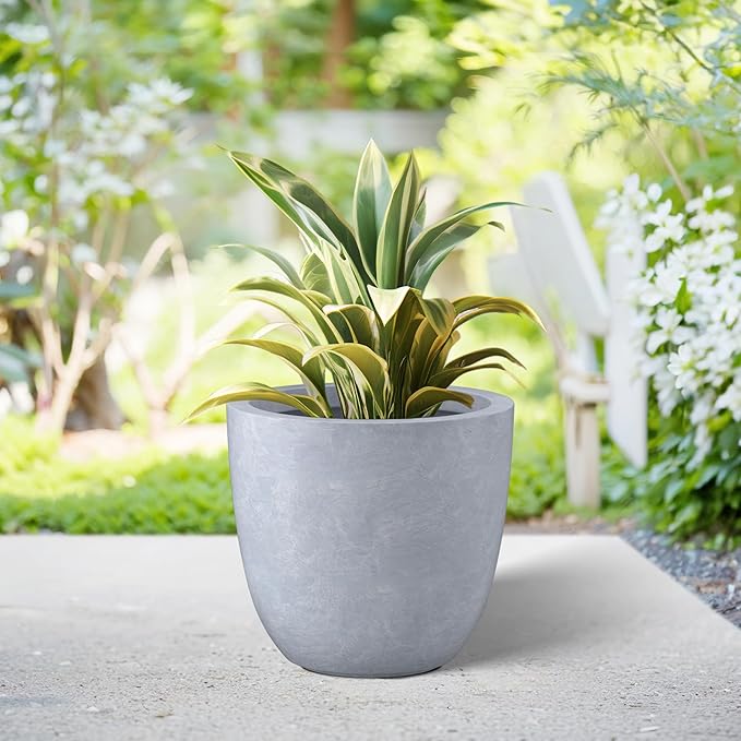 Kante 10 Inch Dia Round Concrete Planter, Indoor Outdoor Large Plant Pot with Drainage Hole and Rubber Plug for Home Patio Garden, Gray