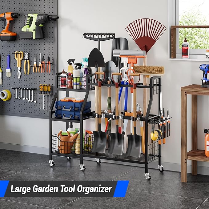 keomaisyto Garden Tool Organizer with 6 Wheels(3 lockable), Heavy Duty Yard Tool organizer with 2 Basket, Large Metal Garage Tool Organization and Storage for Garage/Shed/Yard/Broom Closet/Lawn