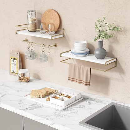 Forbena Floating Bathroom Shelves Wall Mounted, Aesthetic White and Gold Shelves - Image 2