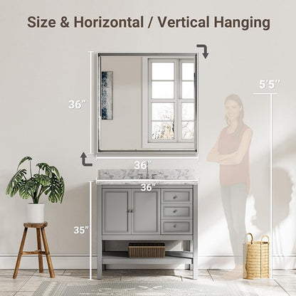 Silver Bathroom Mirror, 36x36 Inch Beveled Silver Square Mirror - Image 6