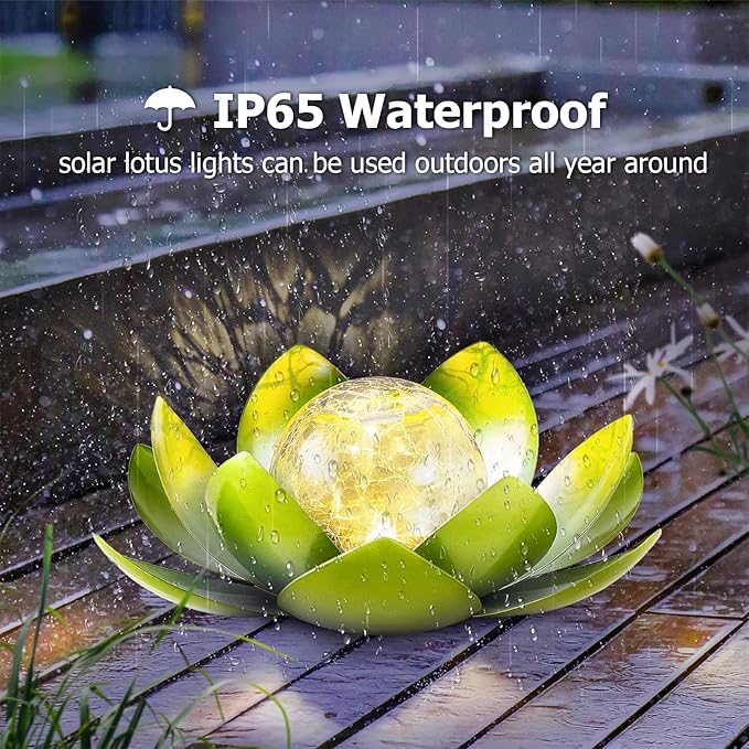 Huaxu Solar Lights Outdoor Garden Decoration Crackle Globe Glass Waterproof LED Metal Green Lotus Flowers Gift for Mom,Women,Patio,Lawn,Walkway,Tabletop,Ground