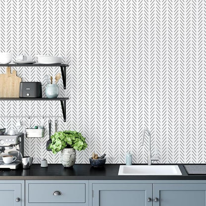 Erfoni Black and White Peel and Stick Wallpaper Modern Herringbone Contact - Image 3