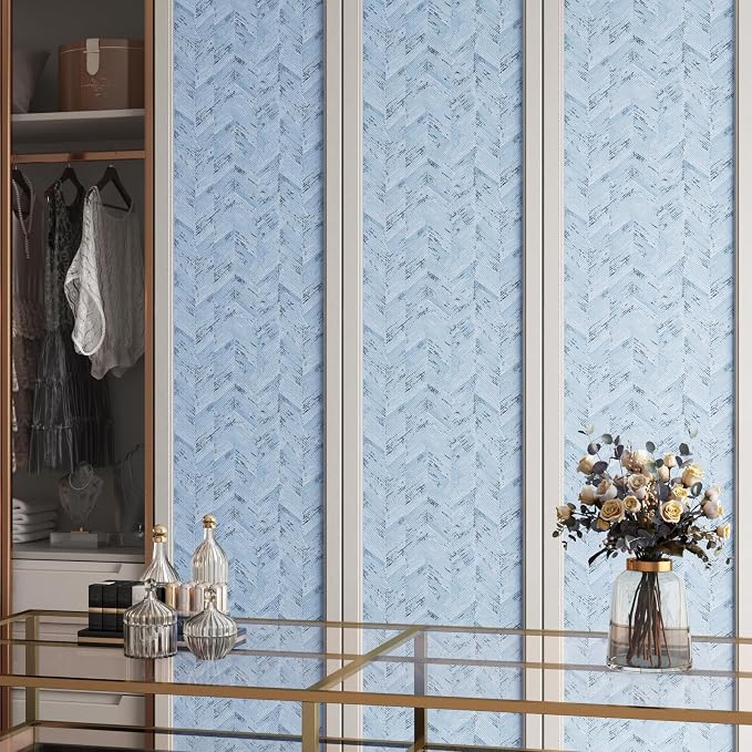 Livelynine Blue Fabric Wallpaper Peel and Stick Prepasted Herringbone Faux - Image 6