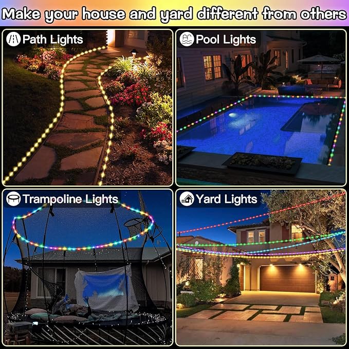 18 Colors 33FT Solar Rope Lights Outdoor Waterproof LED, Color Changing 100 LED Rope Lights Blue Green Pink Fairy String Tube Lights Remote Timer for Trampoline Garden Fence Tree Party Christmas Decor
