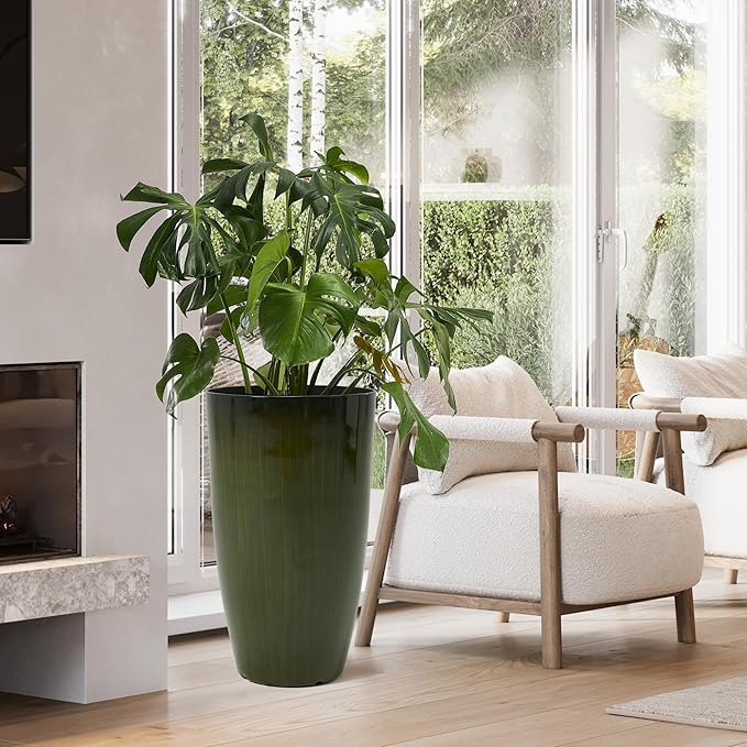 Worth Garden 20" H. Large Plastic Planters - Set of 2 Gradient Green Glossy Smooth Finish - Tall Plant Pots for Indoor & Outdoor Use - Decorative Lightweight Flower Pots for Front Porch, Patio, Deck