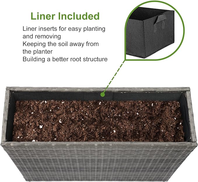 LEWIS&WAYNE Large Rectangular Block Planter Box Handmade Wicker Tall Planters for Outdoor Plants with Removable Liners Modern Planter for Indoor Outdoor Patio Deck - Gray, 32''x11''x24''