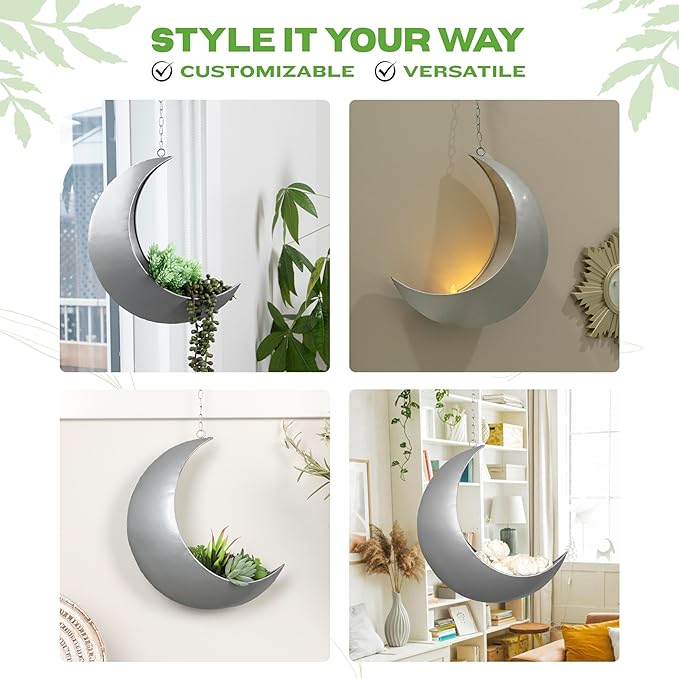 Hanging Moon Planter for Moon Room Decor - Great for Succulents, Air Plant, Mini Cactus, Faux, Artificial Plants-Boho Hanging Planters for Indoor Plants, Witchy Gifts for Women, Birthdays,Plant Lovers
