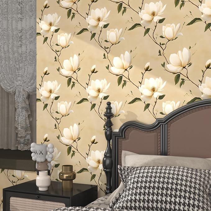 Vintage Floral Peel and Stick Wallpaper Khaki White Flowers Contact Paper - Image 3