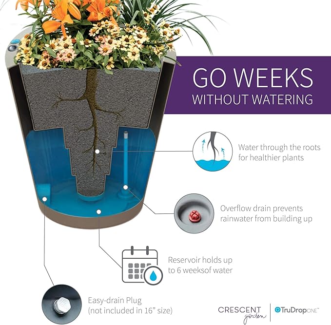 Crescent Garden Dot TruDrop Indoor/Outdoor Planter, Self-Watering Plant Pot, 26 Inches, (Caviar Black)