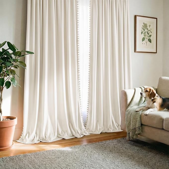 NICETOWN Cute Pom-Pom Trim Velvet Curtains 8 ft Long, Ivory White – Delicate - Image 6