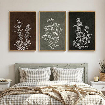 Framed Boho Botanical Wall Art for Living Room, 3 Piece Rustic Floral Canvas - Image 3