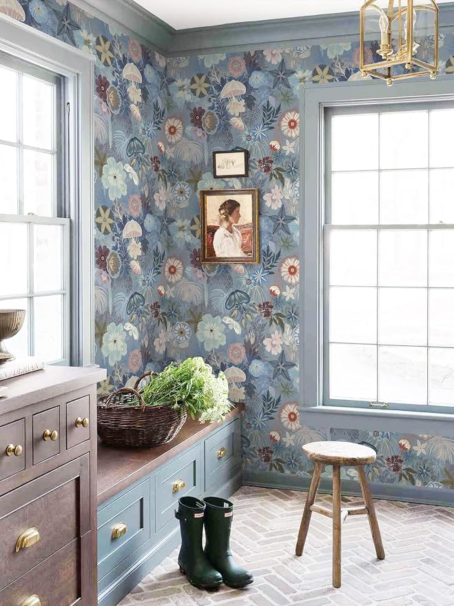 Ismoon Floral Peel and Stick Wallpaper Vintage Blue Contact Paper Jellyfish - Image 4
