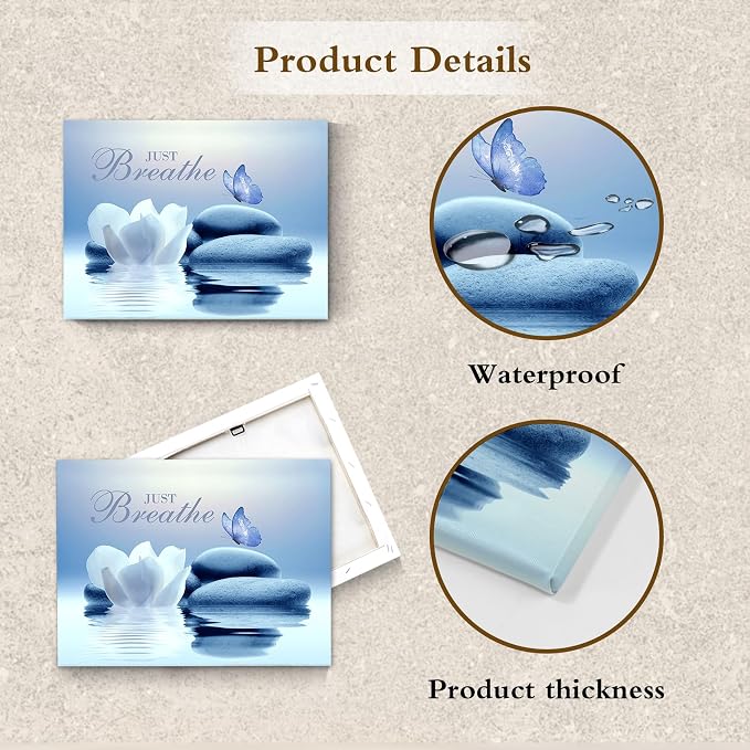 EOBTAIN Zen Canvas Wall Art Bathroom Blue Butterfly and Floral Stone Relaxing - Image 6