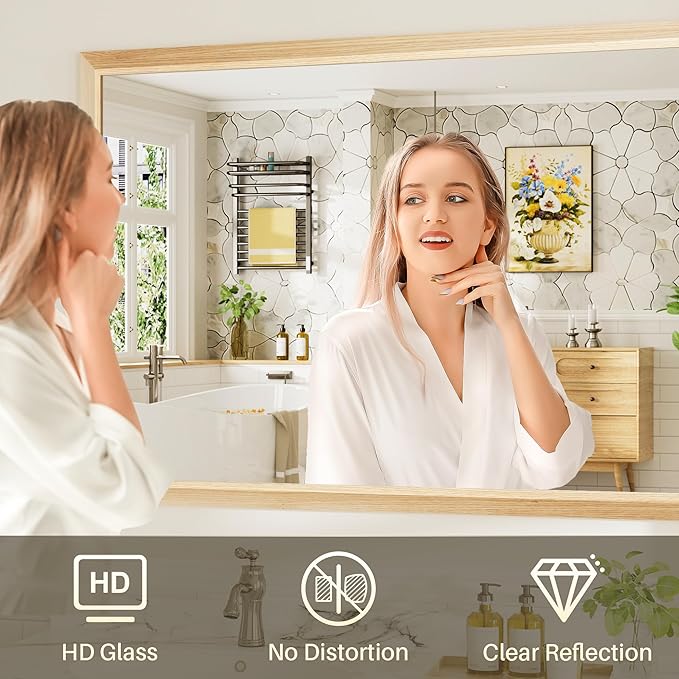 40x30 Inch Bathroom Mirror for Wall, Anti-Rust Oak Wood Grain Metal Framed - Image 6