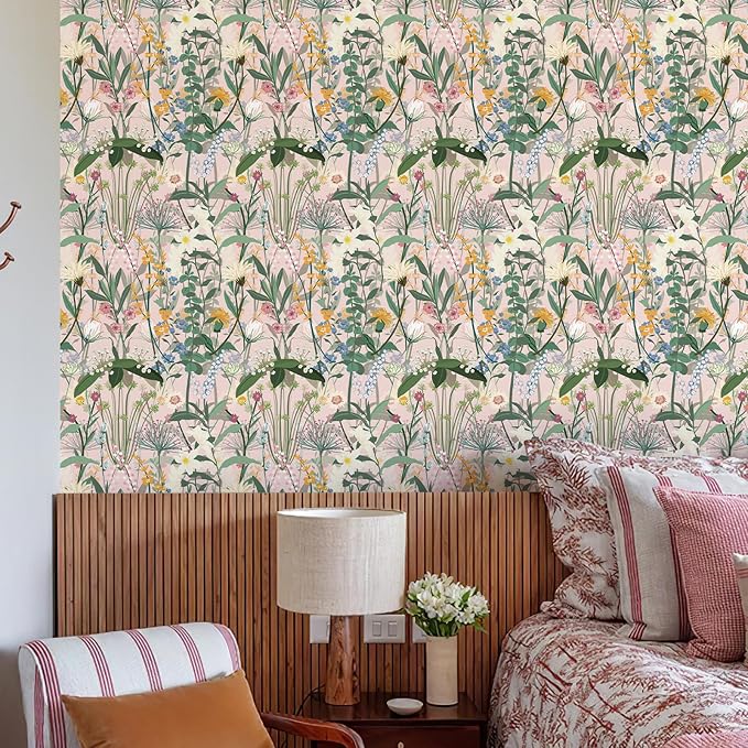 JiffDiff Floral Wallpaper Peel and Stick 17.3"x118" Pink Farm Wildwood Stick on - Image 2