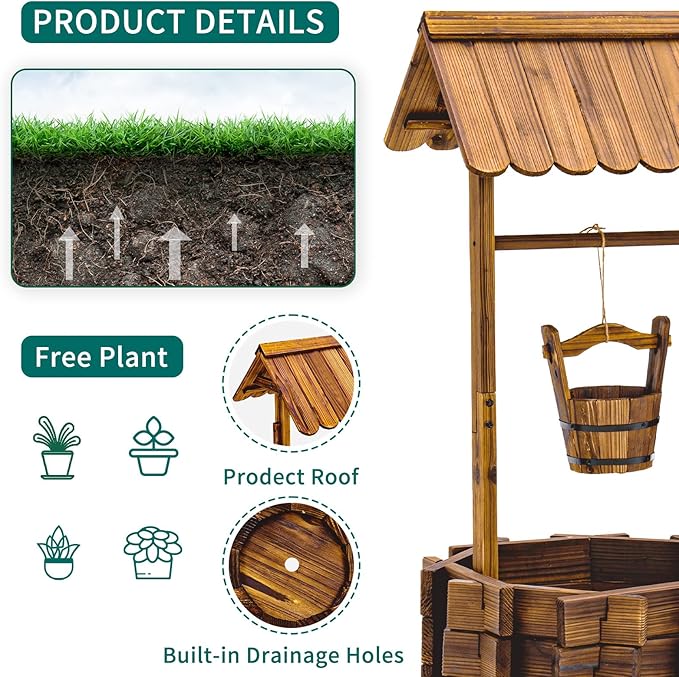 UDPATIO Rustic Solid Fir Wood Wishing Well Planter for Outdoor Plants, 16.5 in Diameter