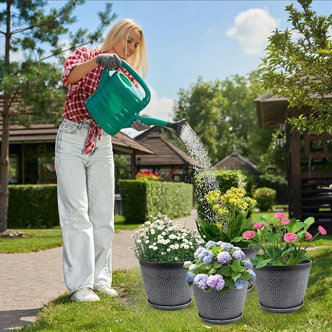 Quarut 4 Pack 6 Inch Flower Pots Planters for Outdoor Indoor, Plastic Plant Pots with Drainage Hole & Tray, Modern Decorative Garden Pot with Saucer, planters for House (Gray)