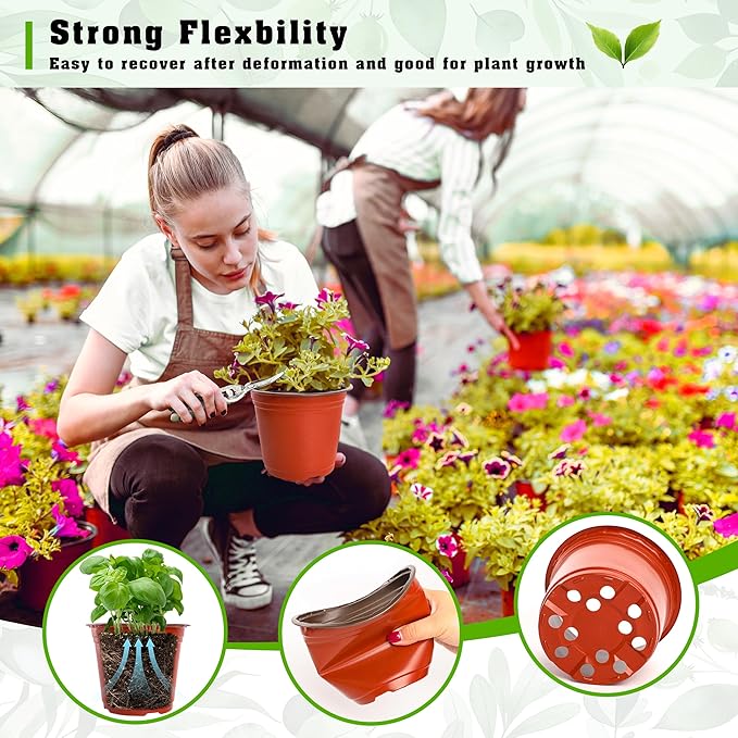 TDHDIKE 6 Inch Plastic Plant Nursery Pot/Pots (100pcs Pots and 100pcs Plant Labels) Seedlings Flower Plant Container (Red) Seed Starting Pots Indoor Outdoor