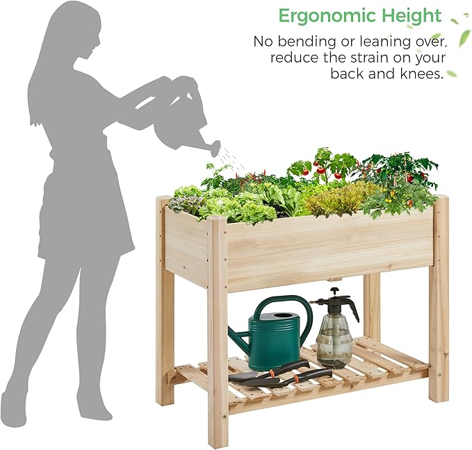 Yaheetech 34x18x30in Raised Garden Bed, Planter Box with Legs & Storage Shelf, Wooden Elevated Vegetable Growing Bed for Backyard, Patio, Balcony