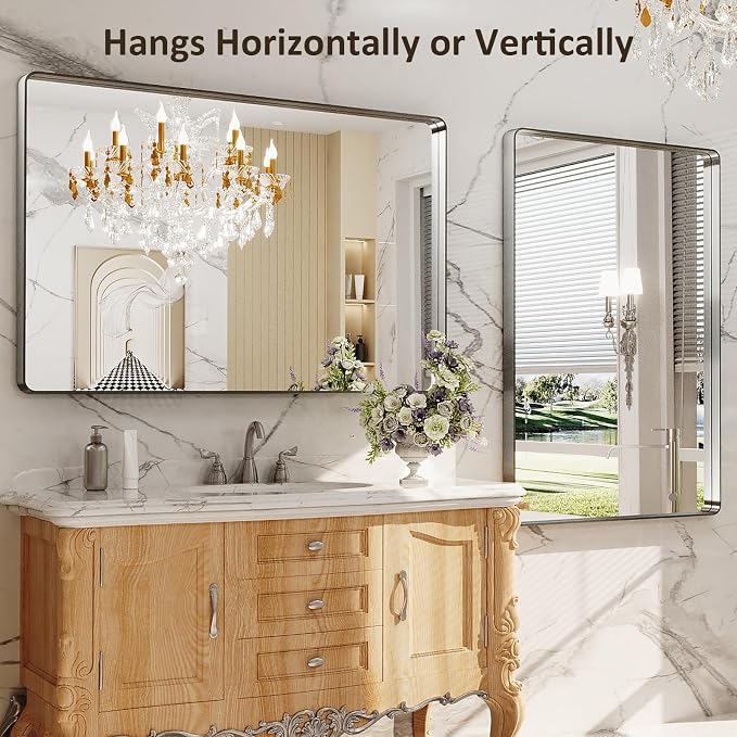 LOAAO 48X32 Inch Brushed Nickel Bathroom Mirror, Rounded Rectangle Silver Metal - Image 4