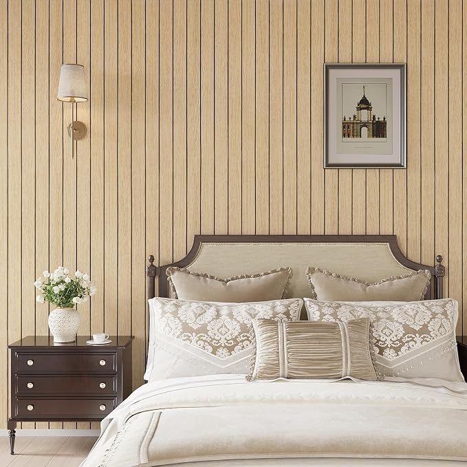 VEELIKE Light Oak Wood Wall Panels Peel and Stick Foam Slat Wallpaper - Image 3