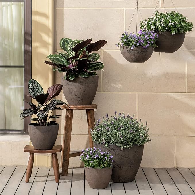 LA JOLIE MUSE 14.2/11.3/8.6 Inch Large Planters,Indoor/Outdoor Round Planters Set of 3,New Iron Plant Container with Drain Holes,Tree Flower Plant Pots for Patio and Deck