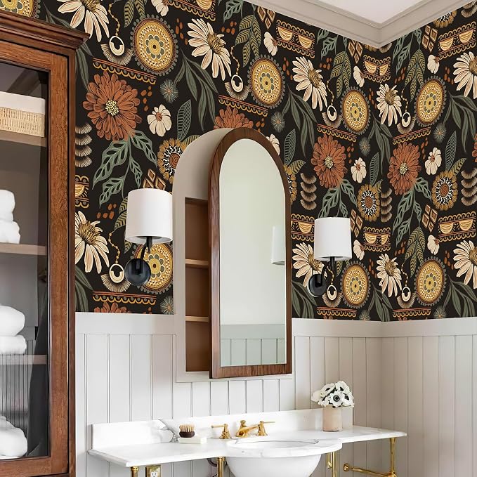 JiffDiff Boho Wallpaper Peel and Stick 17.3" x 400" Vintage Sun Floral Retro - Image 3