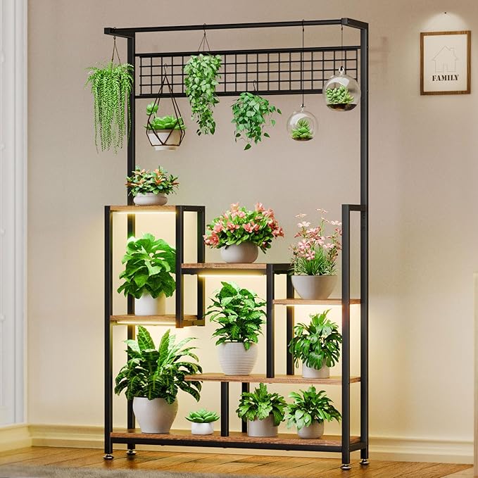 Tall Plant Stand Indoor with Grow Lights, 6 Tiered Metal Plant Stand for Indoor Plants Multiple, Large Plant Shelf Display Rack, Square Flower Plant Holder for Living Room, Patio (Black)
