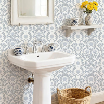 YXTII 17.3"×78.7" Blue Floral Peel and Stick Wallpaper, Damask Vintage Wallpaper - Image 6