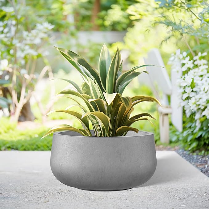 Kante 11.8" Dia Round Concrete Planter, Cement Plant Pots with Drainage Hole and Rubber Plug for Outdoor Indoor Garden Home, Modern Curvaceous Design, Natural Concrete