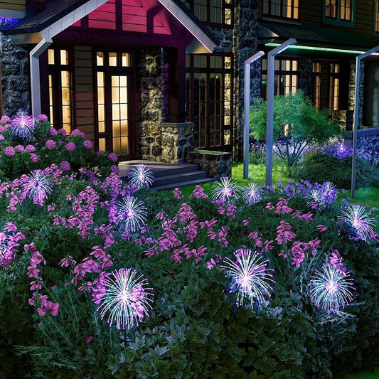 Honche Pack of 4 Upgrade Solar Fireworks 120LEDs Garden Fairy Lights, ROHS CE Certified 120 Led DIY Shapes Multicolored Lights IP65 Weatherproof for Christmas Pathway Parties Garden Decor