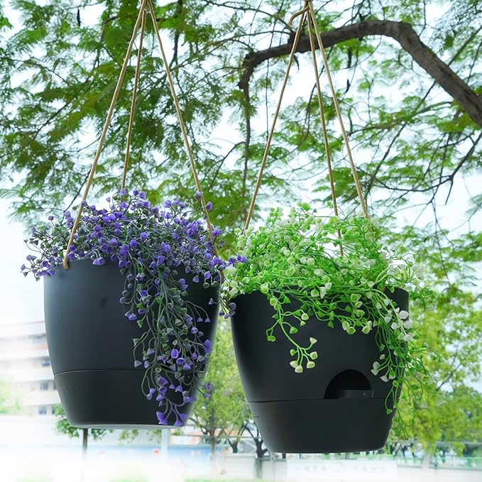 8 inch Hanging Planters, 2 Pack Self Watering Hanging Pots with 20oZ Deep Reservoir for Indoor Outdoor Plants Flowers, Black