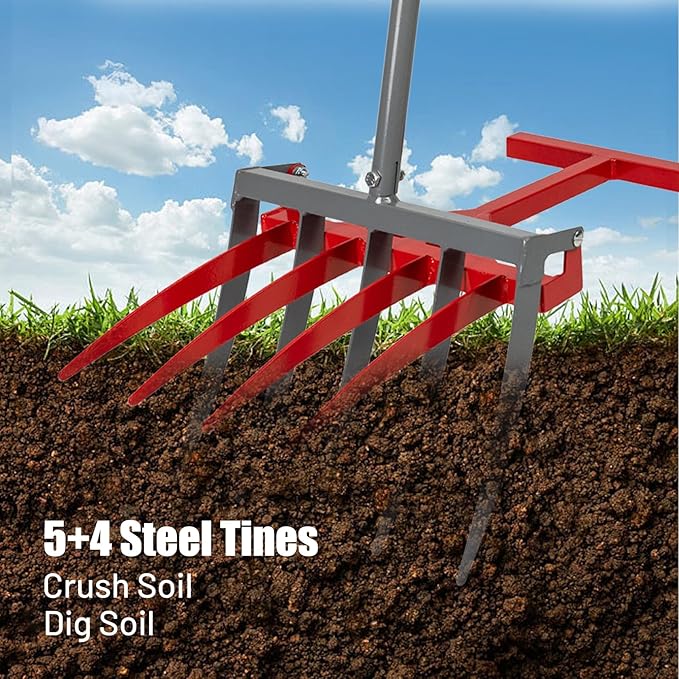 2-in-1 Broad Fork Garden Tool, Manual Hand Cultivator & Tiller, Heavy Duty Twist Tiller with 5+4 Steel Tines, Pitchfork for Soil Loosening, Digging, and Lawn Aeration