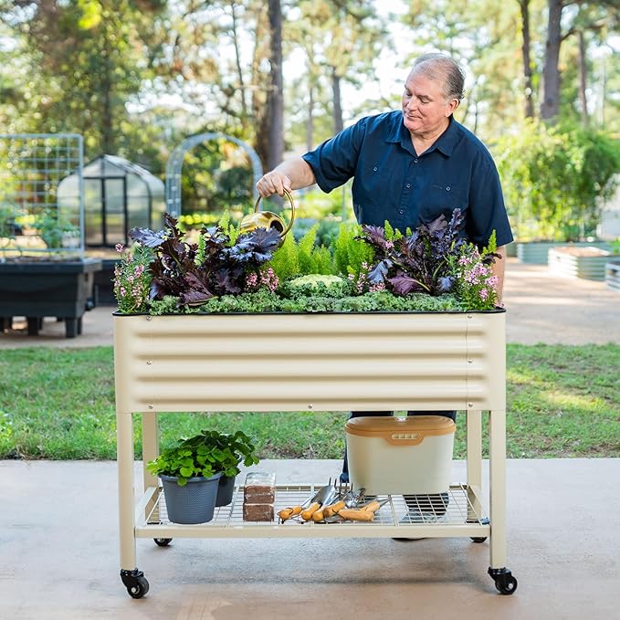 Rolling Elevated Raised Garden Bed-V Series, 2' x 4' Garden Beds with Legs & Storage Rack for Patio & Porch, 700 Lbs Weight Capacity, Outdoor Planter Box for Vegetables Flower Herbs, Pearl White