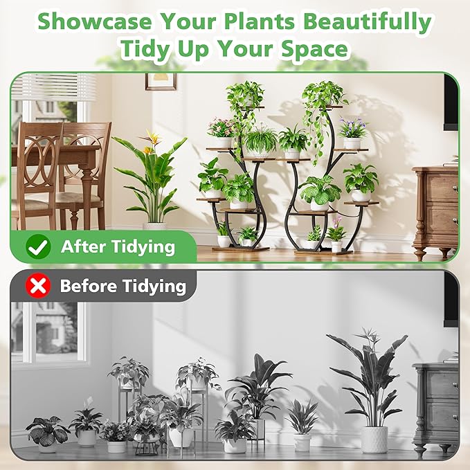 Plant Stand Indoor with Grow Lights - 2 Pack Indoor Plant Shelf, 6 Tiered Corner Plant Stands for Indoor Plants, Swan-Shaped Plant Holder, Metal Flower Display Rack for Living Room, Patio Decor（Black)