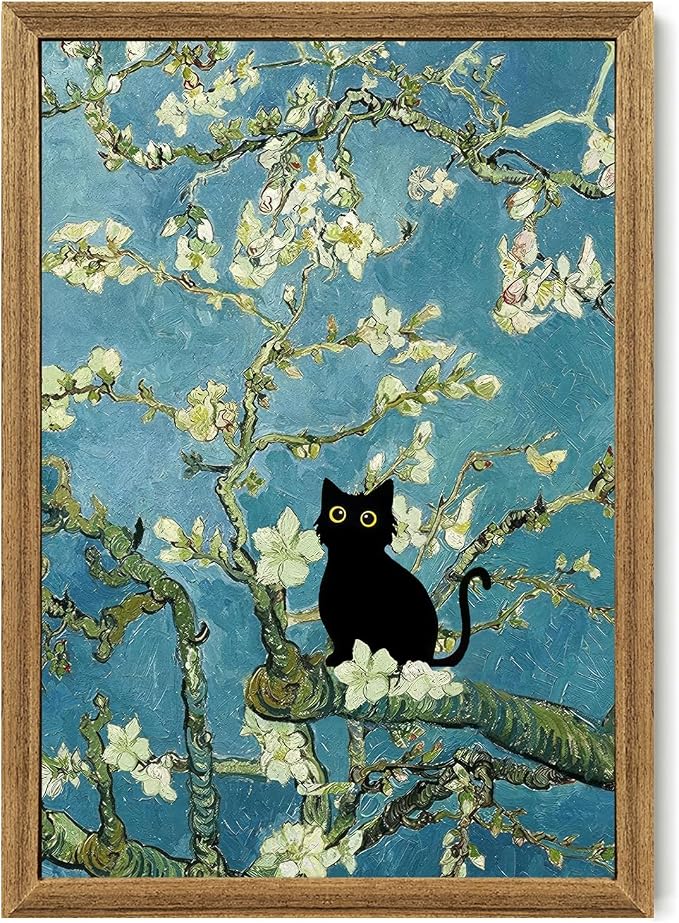 Fantasy Artists Van Gogh's Almond Blossom Funny Black Cat Canvas Wall Art by Unknown