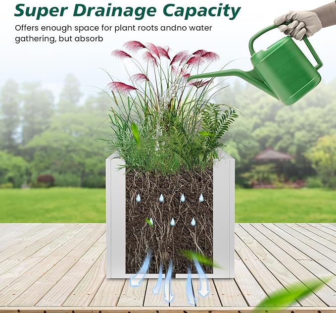 White Steel Planter Square Outdoor Planters Galvanized Steel Planter Box Indoor Metal Large Planters Cube Heavy Duty Flower Pot 32 Inch Modern Commercial Residential for Trees Patio Deck Yard Garden